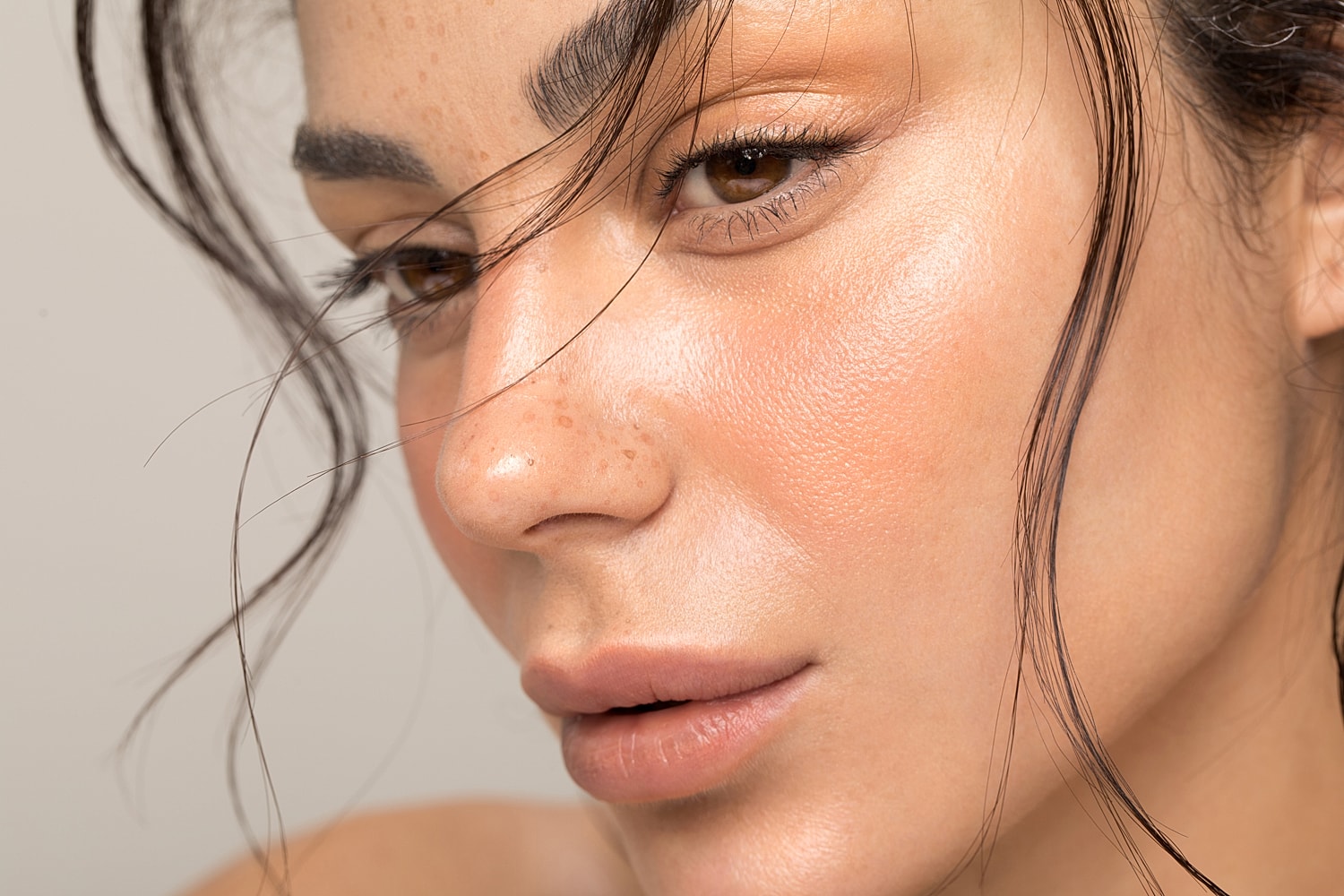 Close-up of woman's elegant facial features.