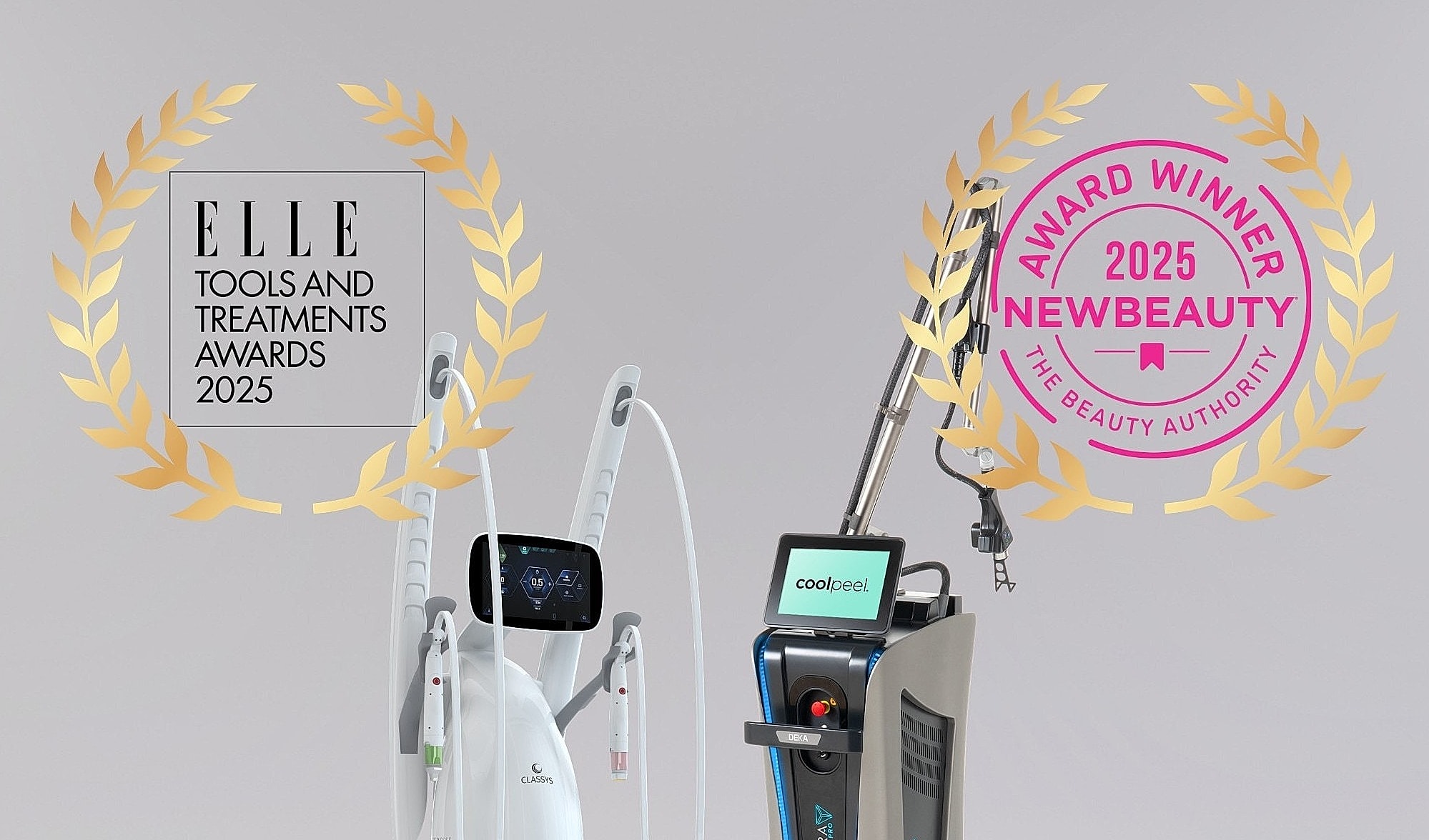 Award-winning beauty treatment devices displayed together.